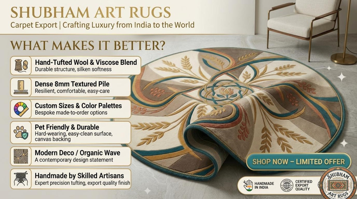 Hand Tufted Wool Round Rug, Floral Abstract Art Deco, Beige Green Gold Living Room