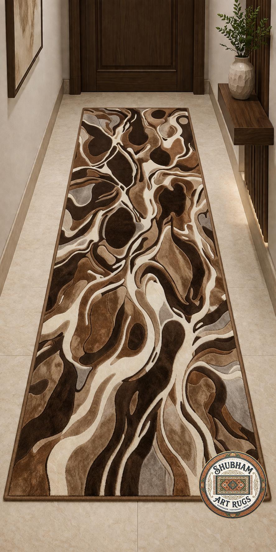 Hand Tufted Wool Rug, Abstract Brown Runner, Modern Organic Carpet, Neutral Beige Area Rug