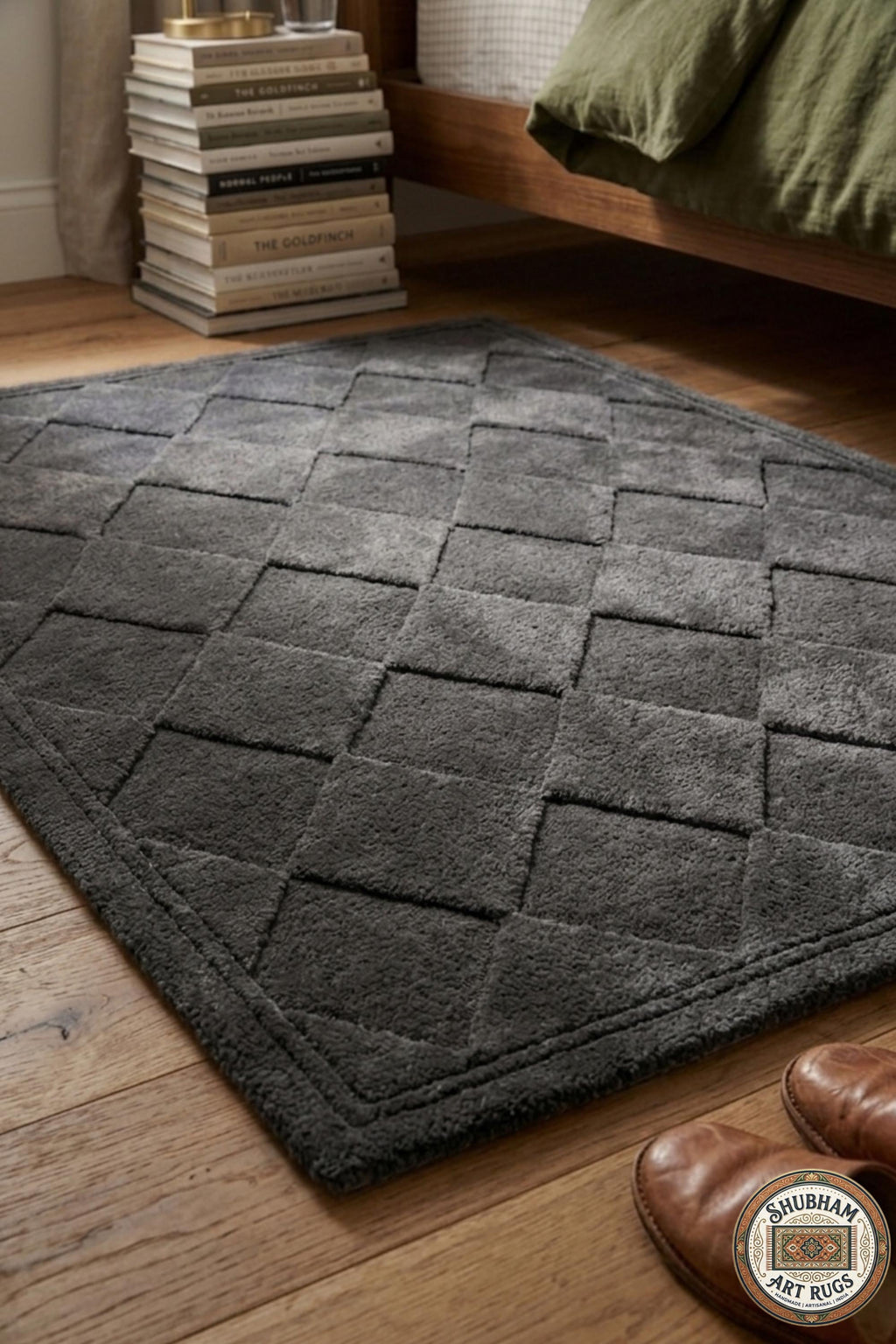 Hand Tufted Wool Rug: Dark Grey Geometric Diamond, Modern Minimalist Area Carpet