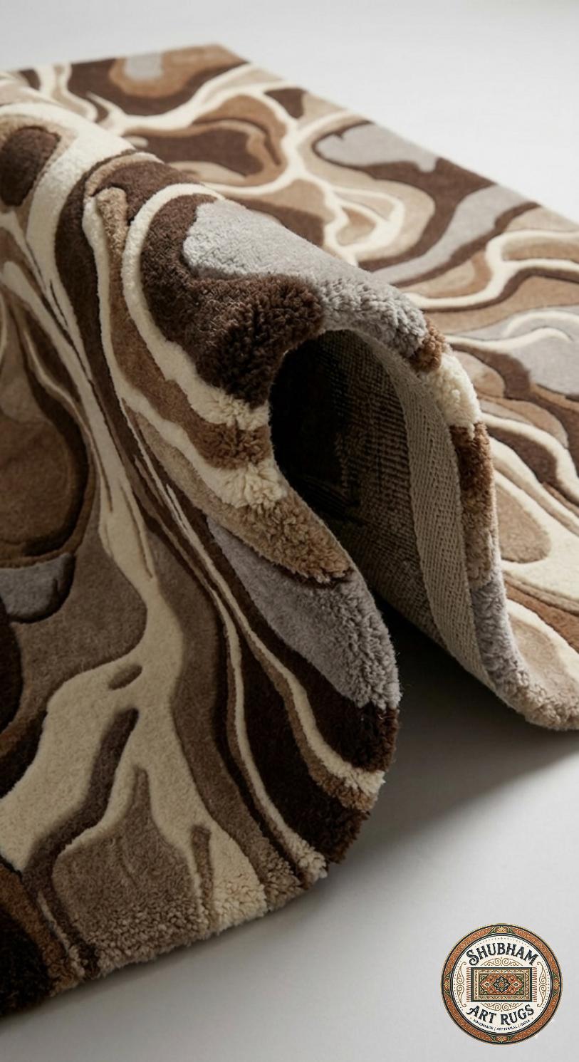 Hand Tufted Wool Rug, Abstract Brown Runner, Modern Organic Carpet, Neutral Beige Area Rug
