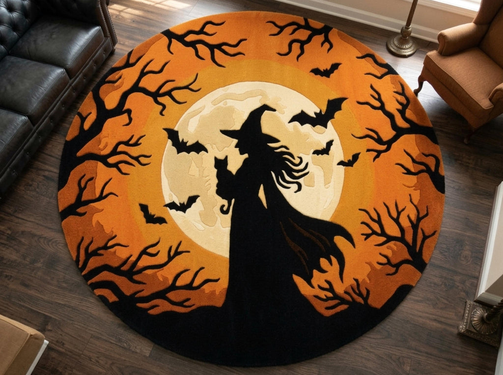 Halloween Witch Rug, Hand Tufted New Zealand Wool Rug, Gothic Orange Moon Bat Carpet, Spooky Fall Decor, Halloween Living Room Rug