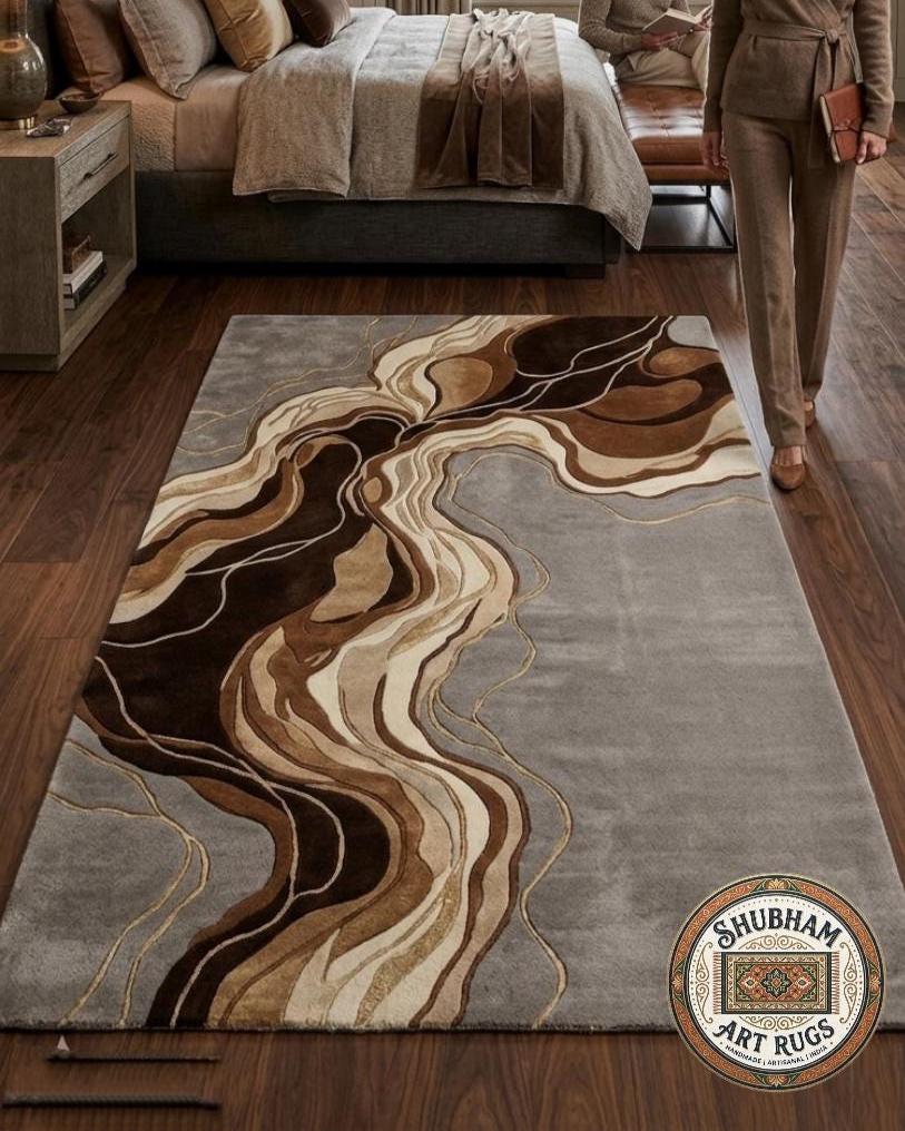 Hand Tufted Wool Abstract Rug: Modern Wavy Design, Neutral Brown Grey Carpet