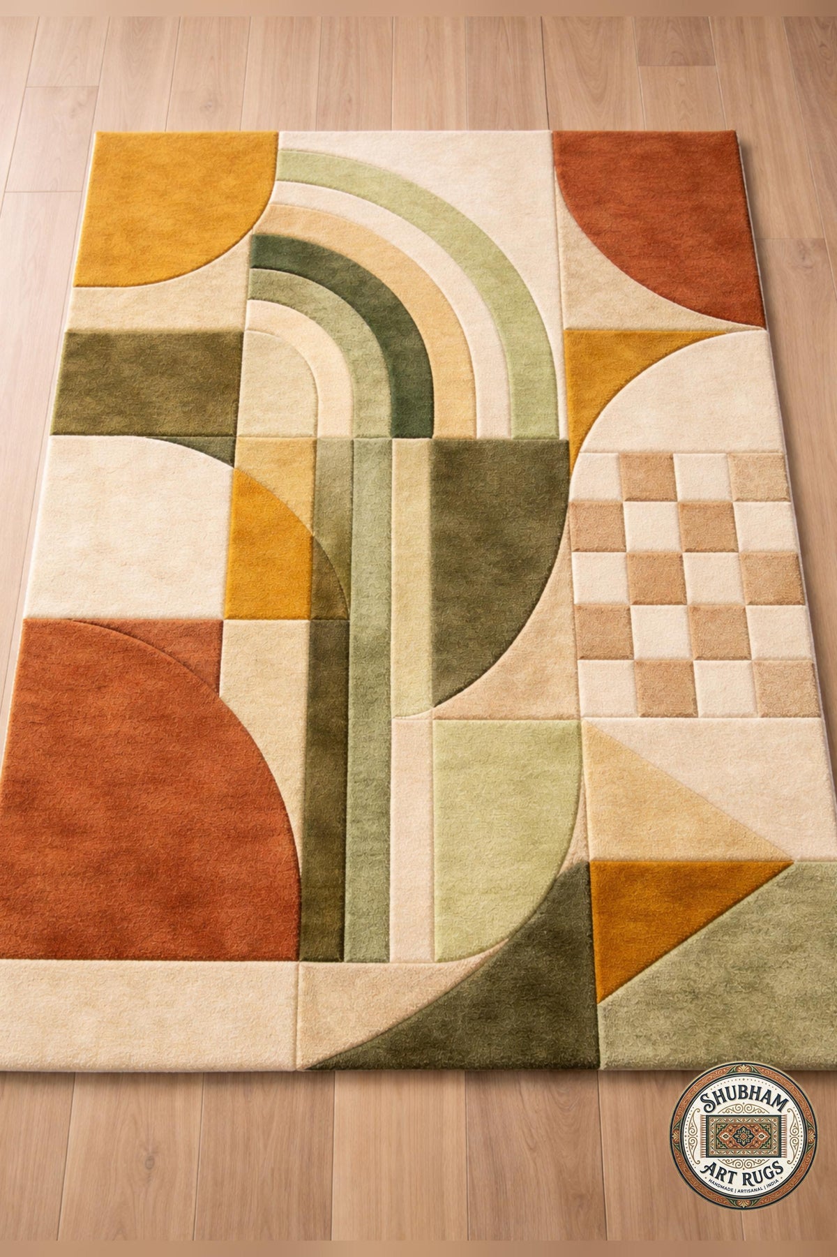 Hand Tufted Geometric Wool Rug, Abstract Boho Organic Carpet