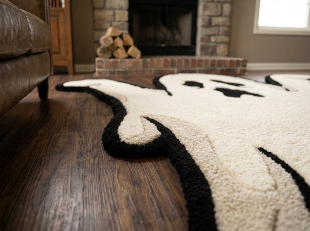 Hand Tufted New Zealand Wool Ghost Rug, Cream Black Halloween Area Rug