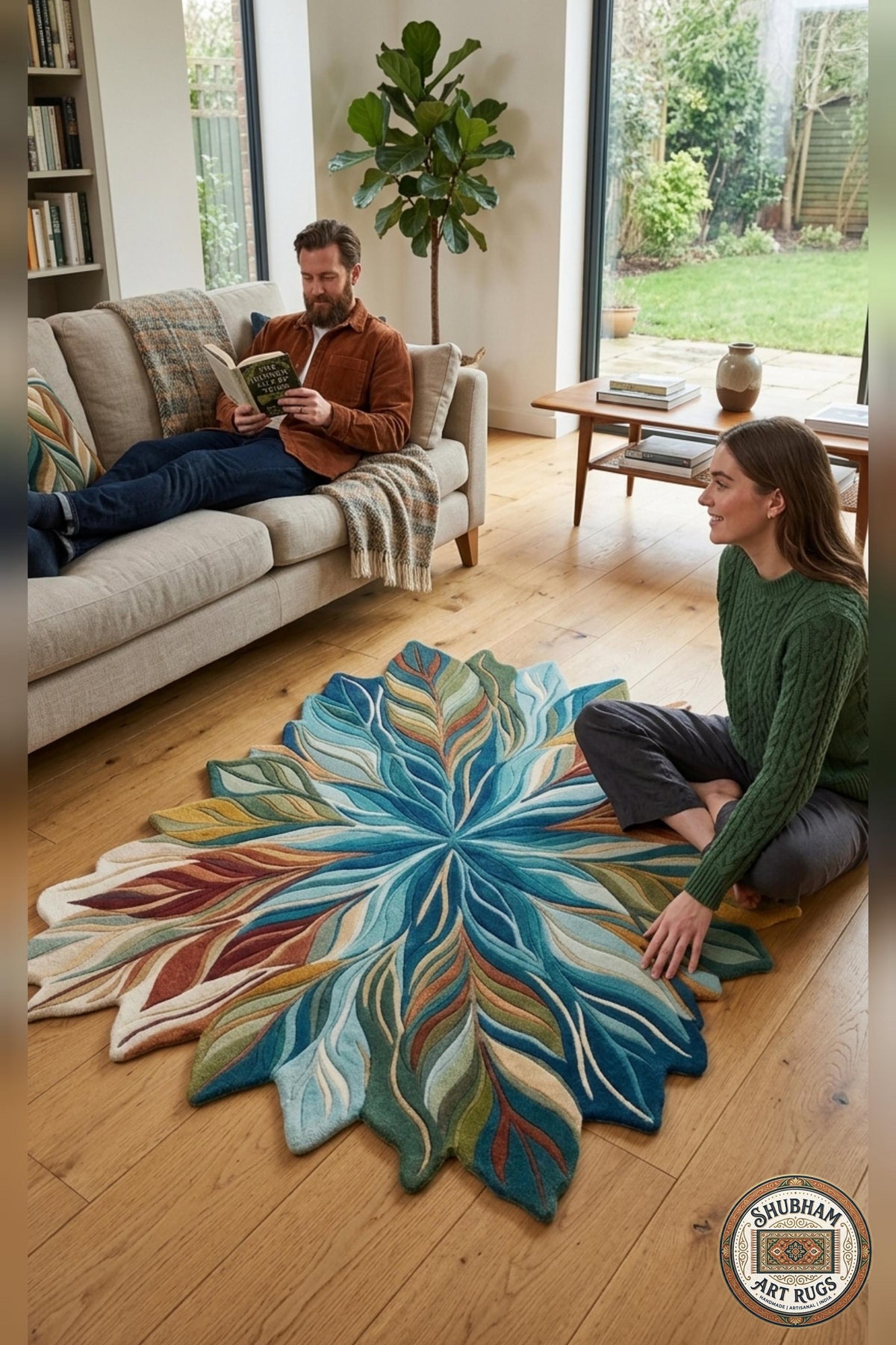 Hand Tufted Wool Leaf Rug, Organic Modern Area Carpet, Living Room Decor
