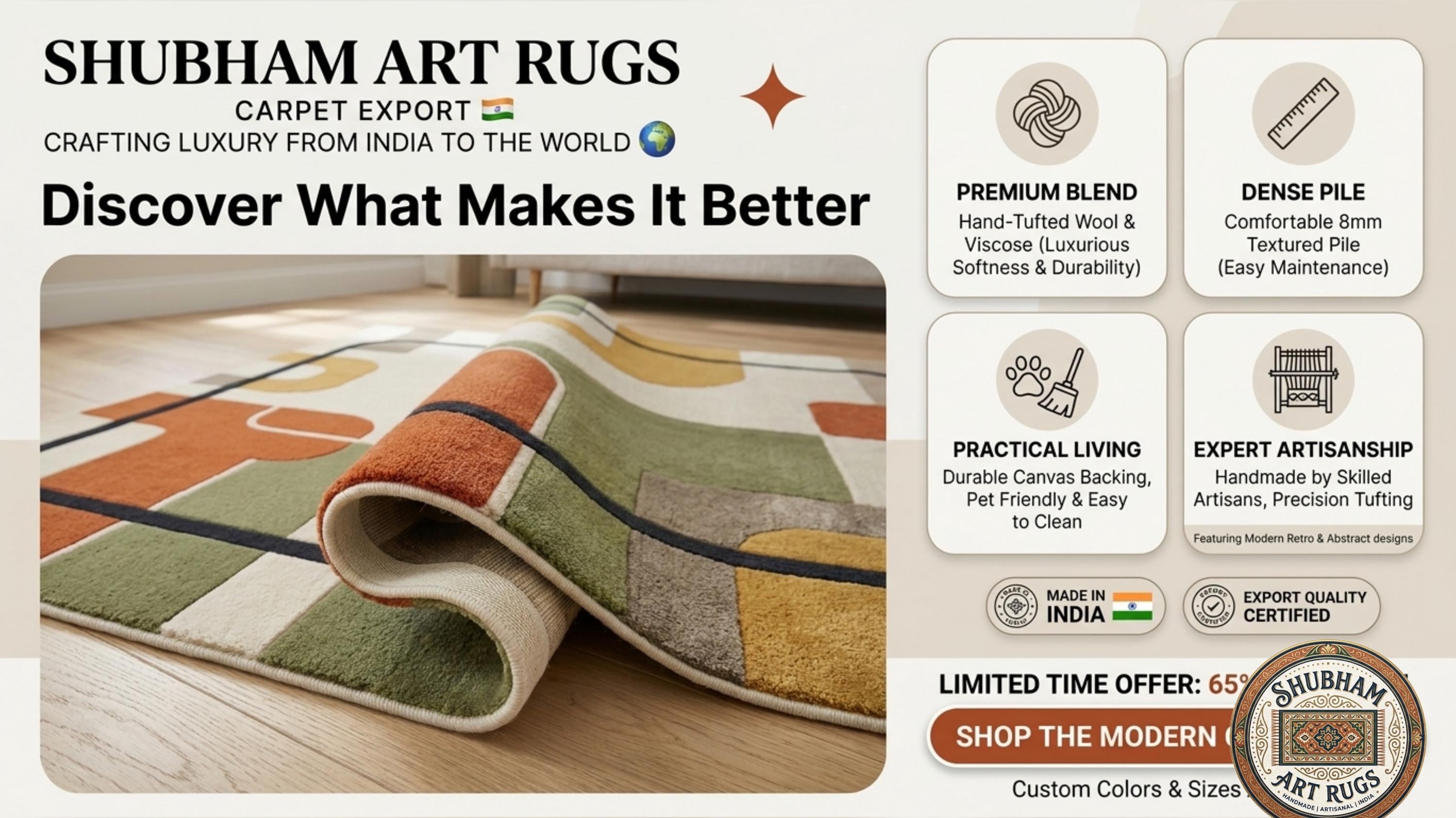 Hand Tufted Wool Rug, Mid Century Abstract Geometric Carpet, Organic Contemporary Decor