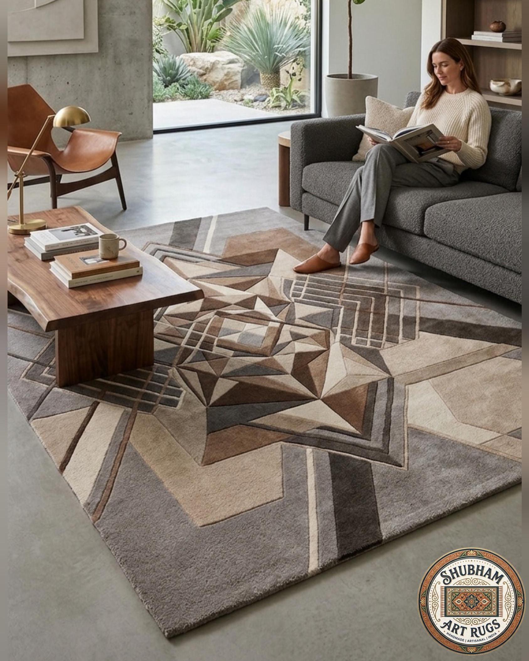 Hand Tufted Wool Rug: Modern Geometric Abstract Brown Beige Carpet