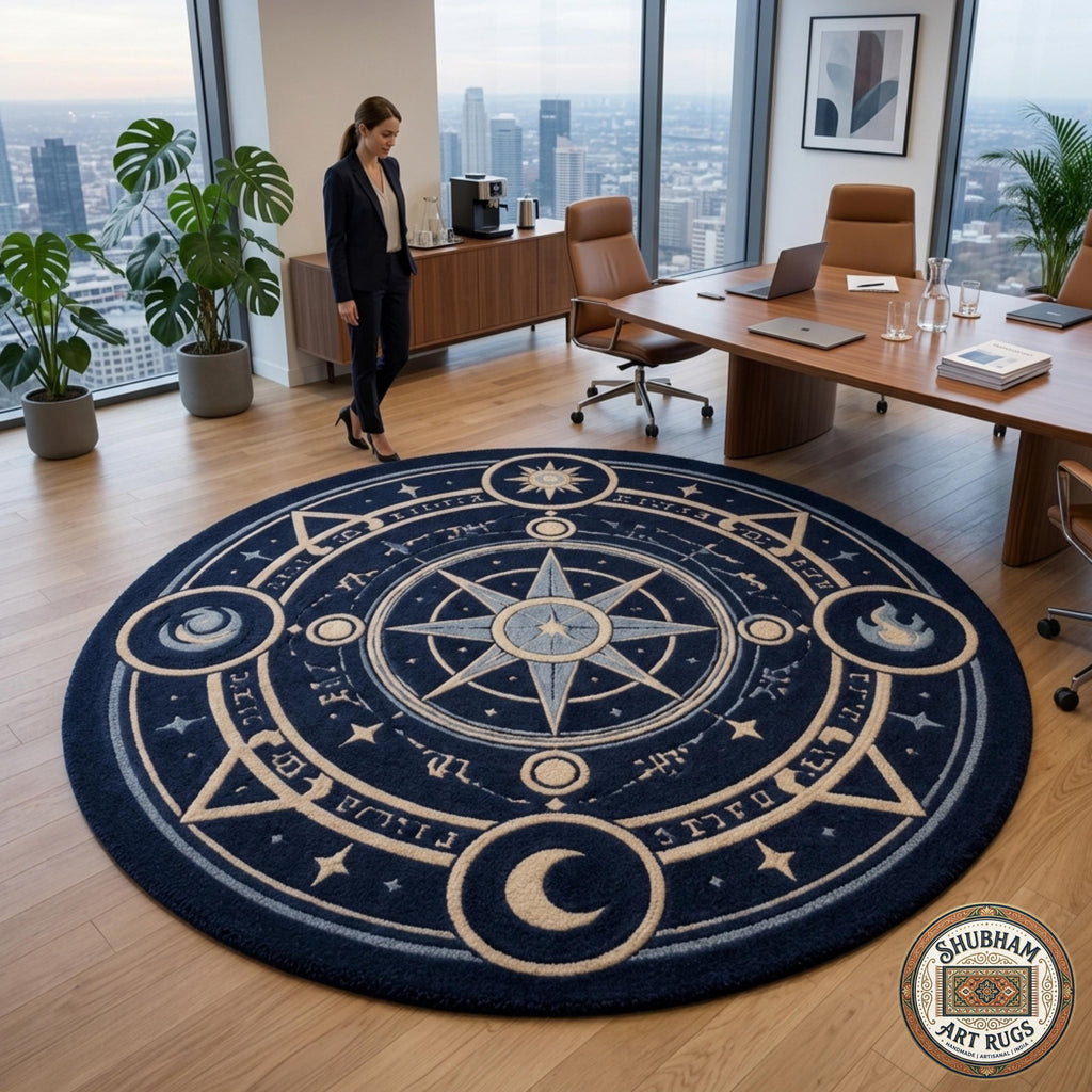 Hand Tufted Wool Celestial Rug, Magic Circle Round Carpet, Astrology Star Navy Blue