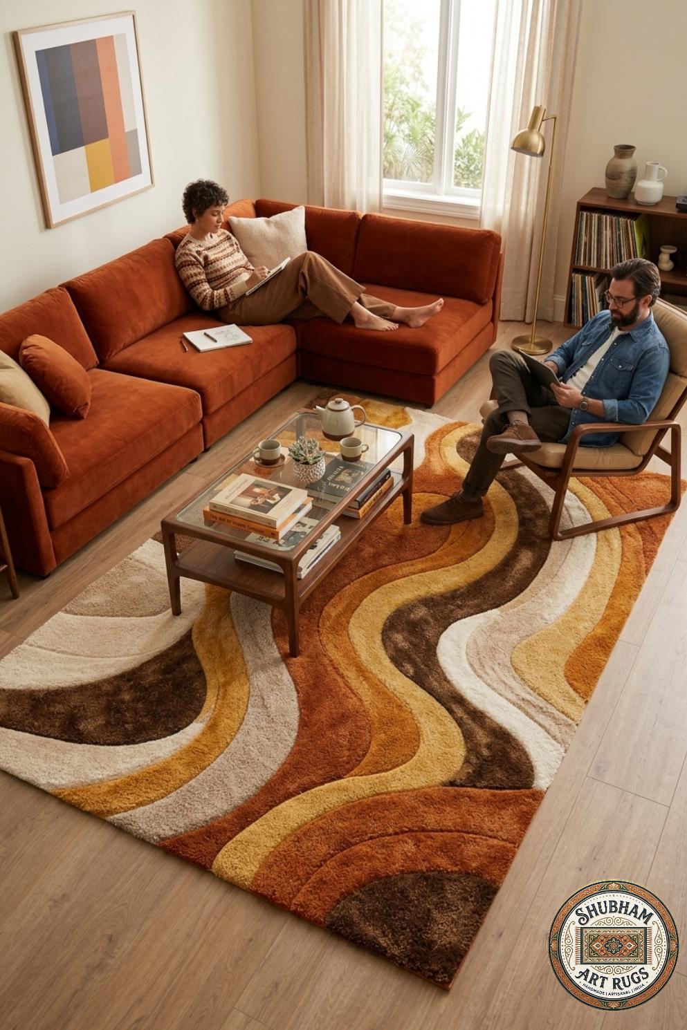 Hand Tufted Wool Rug: Retro Wavy Design, Mid Century Modern Carpet