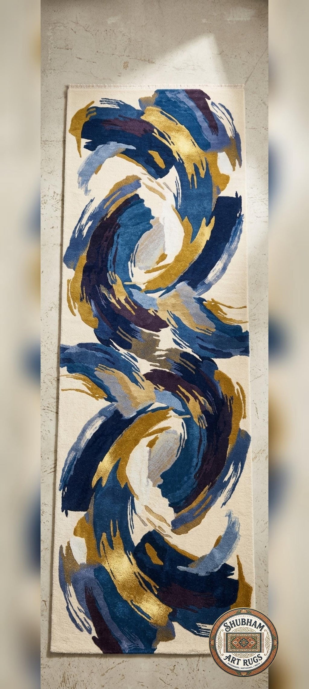 Abstract Blue Gold Wool Rug, Hand Tufted Modern Area Carpet, Custom Size