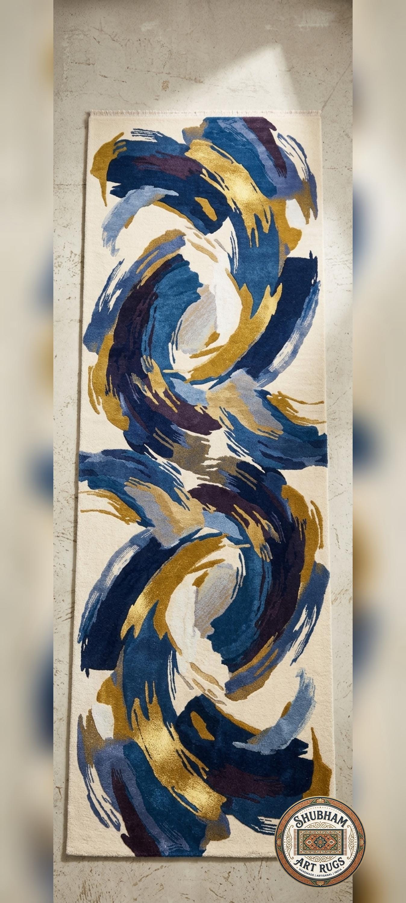 Abstract Blue Gold Wool Rug, Hand Tufted Modern Area Carpet, Custom Size