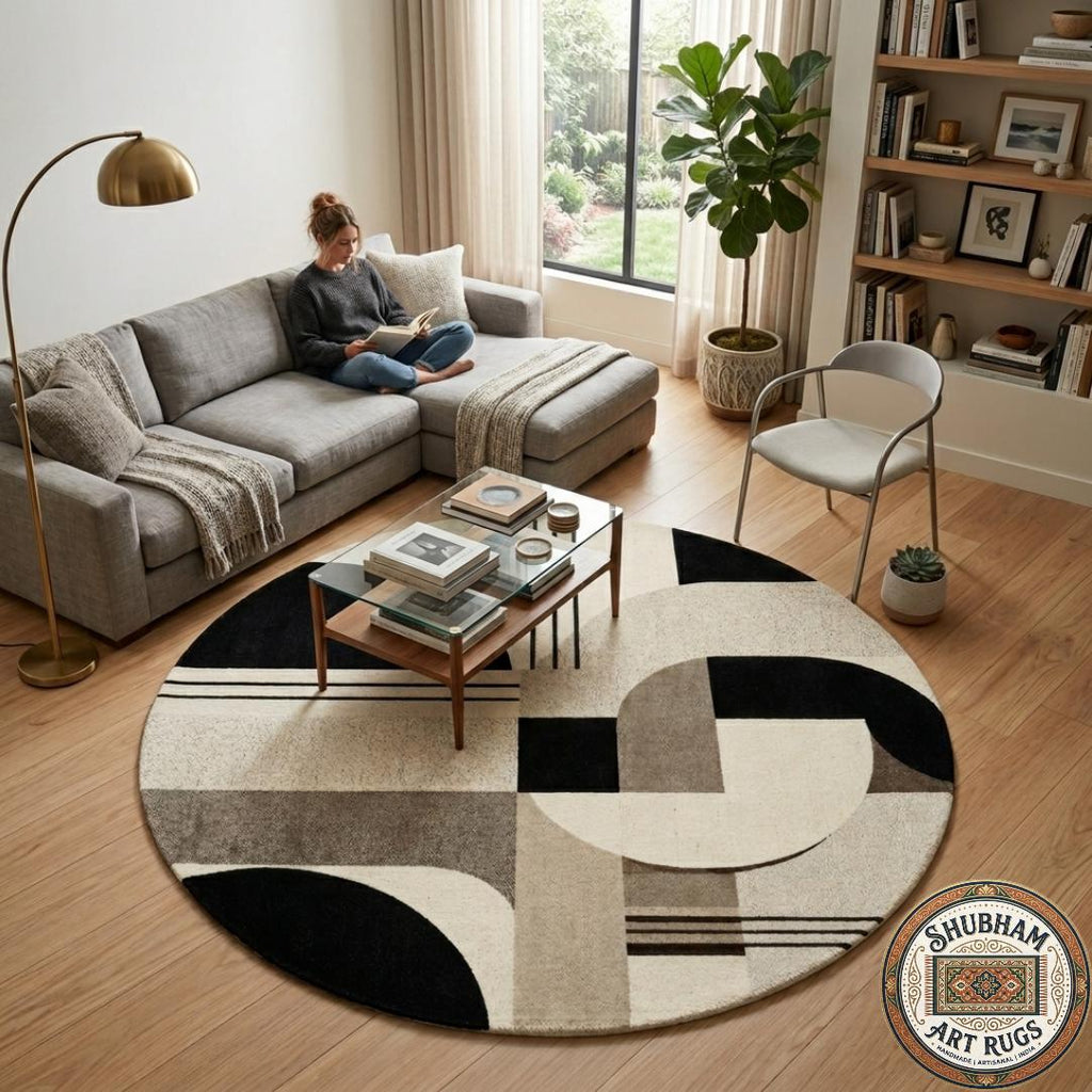 Hand Tufted Wool Rug, Modern Geometric Abstract Carpet, Black Beige Living Room