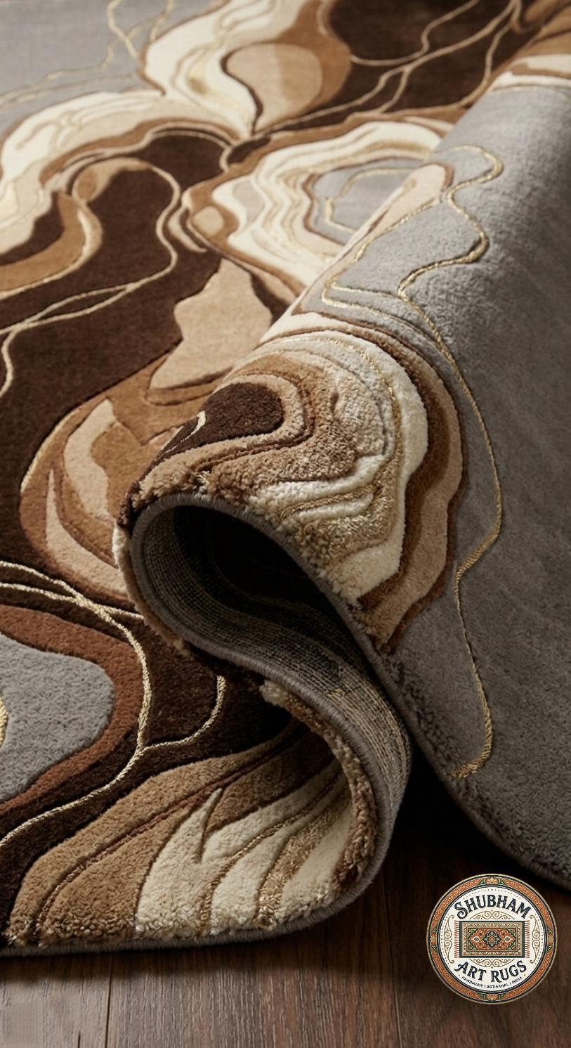 Hand Tufted Wool Abstract Rug: Modern Wavy Design, Neutral Brown Grey Carpet