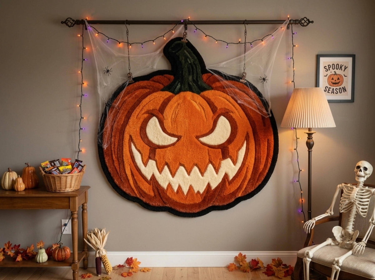 Halloween Pumpkin Rug, Hand Tufted New Zealand Wool, Jack O Lantern Area Rug, Spooky Fall Decor, Gothic Halloween Home Gift Decor!