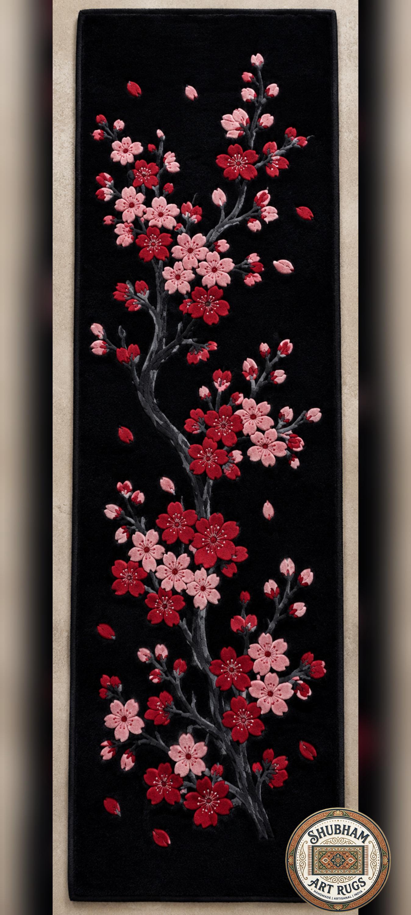 Hand Tufted Wool Cherry Blossom Rug, Japanese Floral Carpet, Black Pink Area Rug