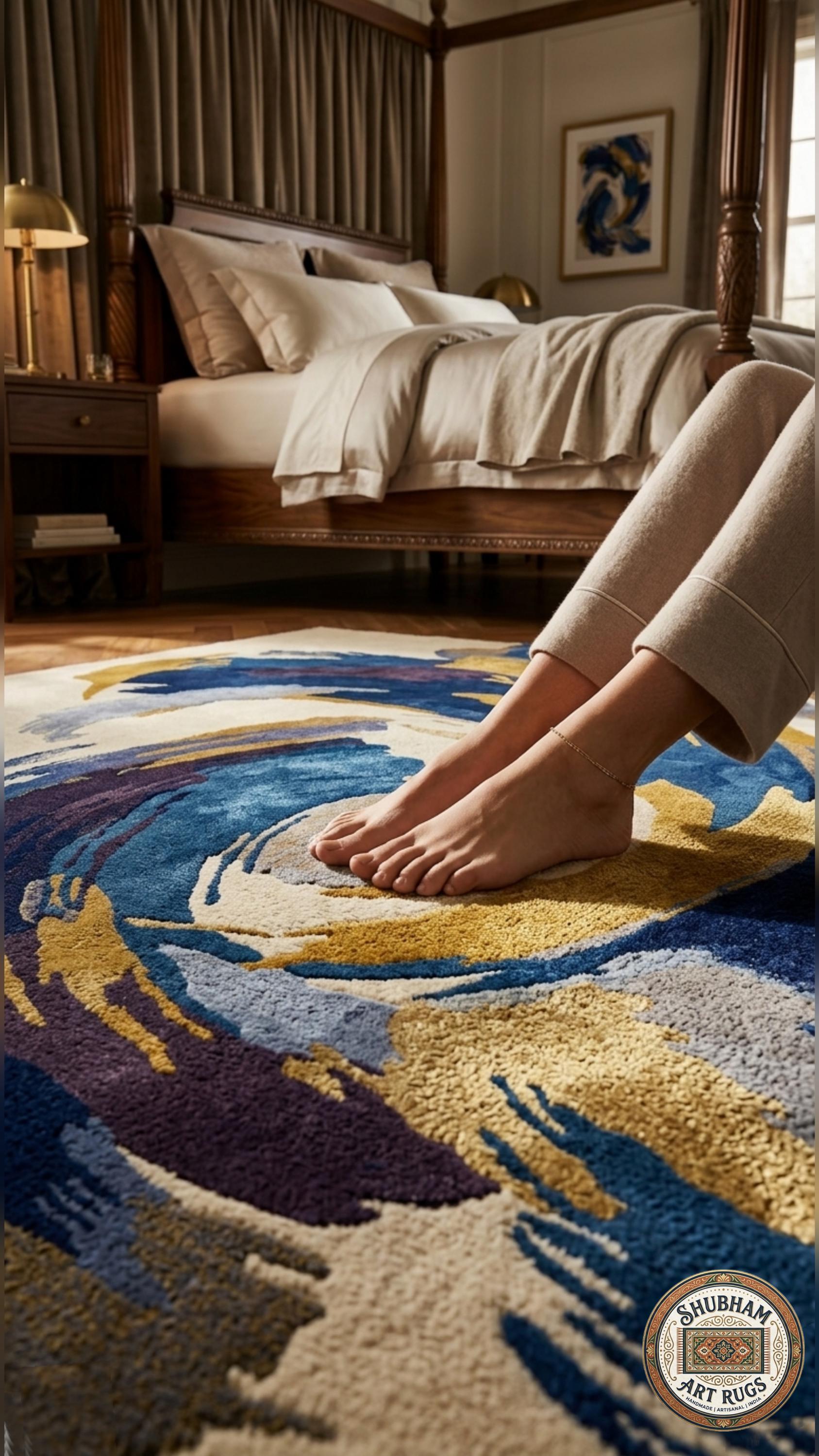 Abstract Blue Gold Wool Rug, Hand Tufted Modern Area Carpet, Custom Size