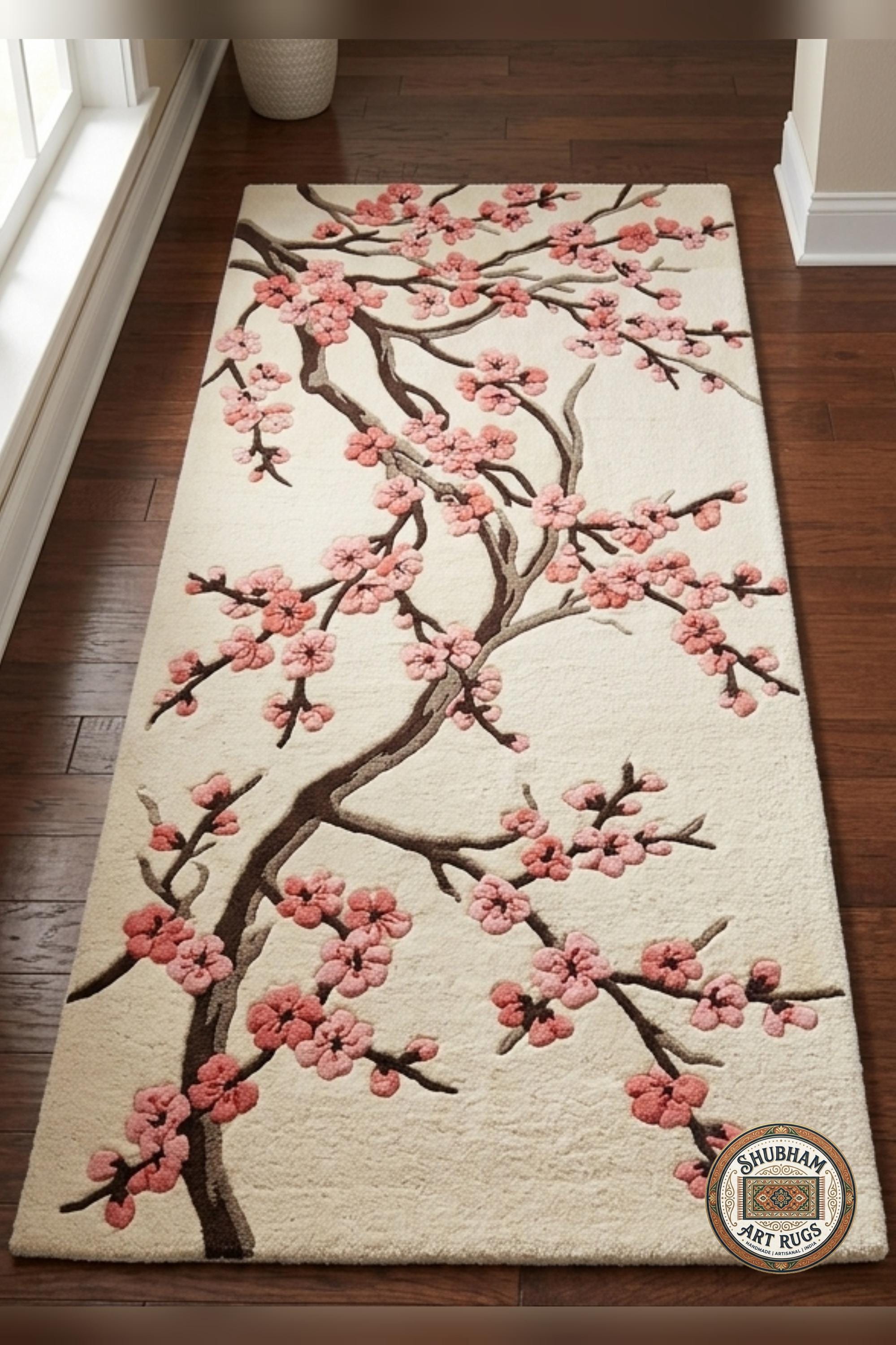 Hand Tufted Wool Cherry Blossom Rug, Sakura Floral Area Carpet, Luxury Decor