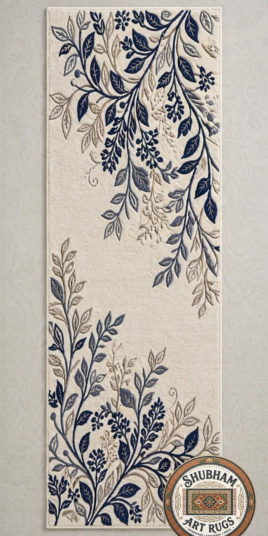 Hand Tufted Wool Botanical Rug, Blue Floral Area Carpet, Farmhouse Living Room Decor