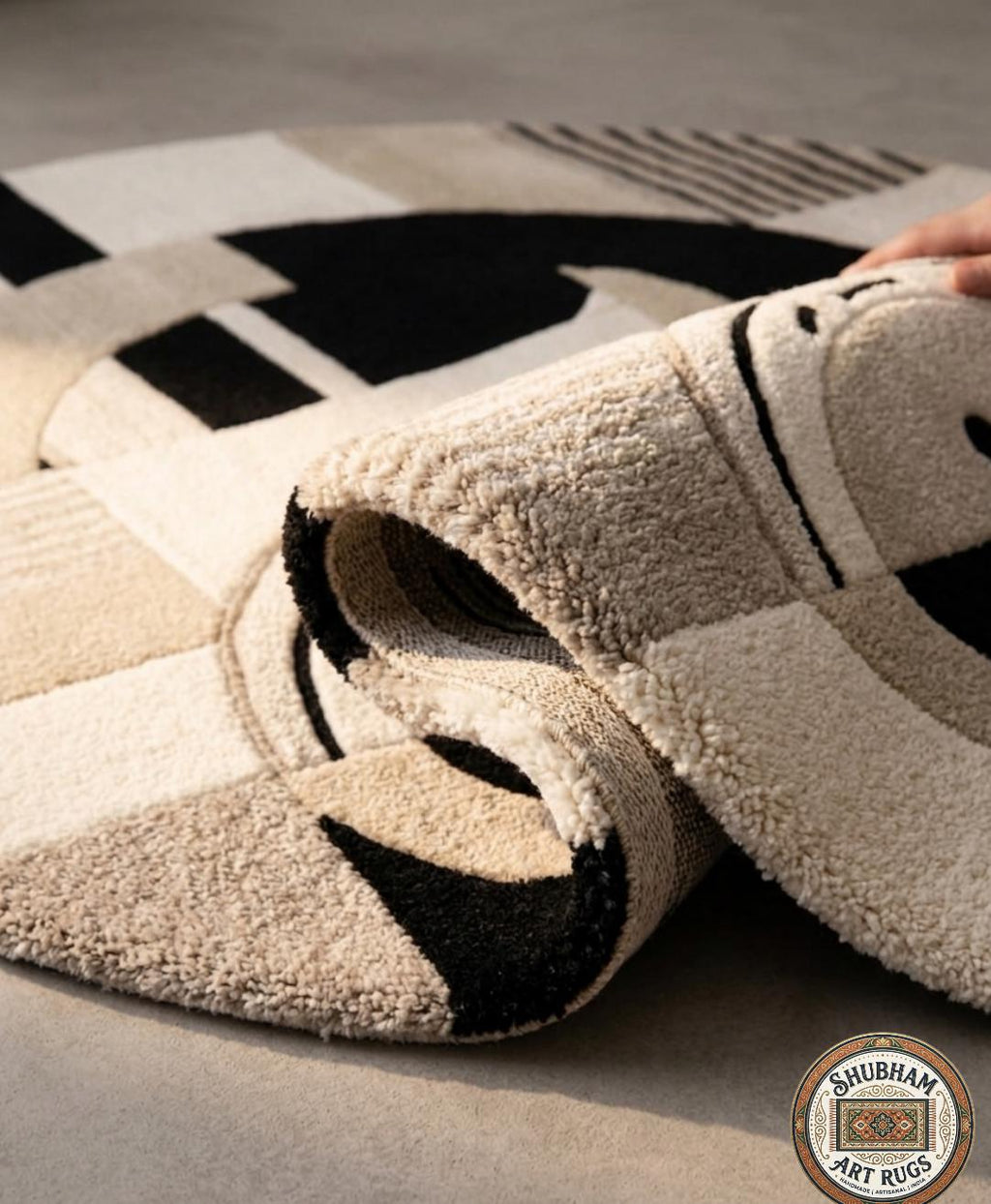 Hand Tufted Wool Abstract Round Rug, Black Beige Geometric Modern Carpet