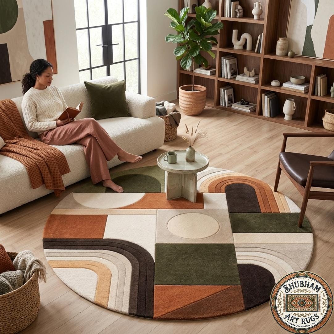 Hand Tufted Wool Abstract Rug, Geometric Boho Neutral Area Carpet