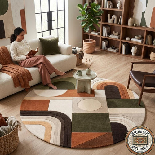 Hand Tufted Wool Abstract Rug, Geometric Boho Neutral Area Carpet