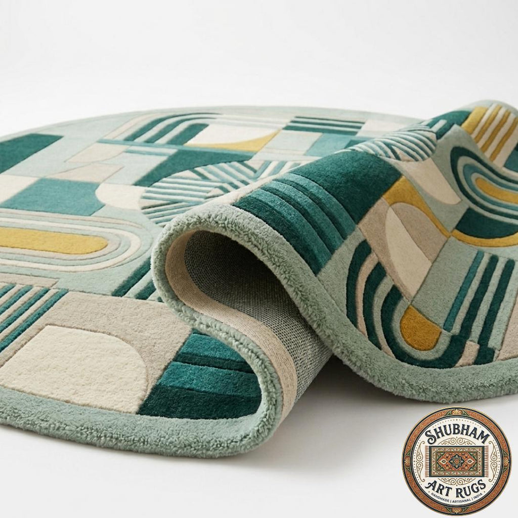 Hand Tufted Wool Rug, Modern Geometric Abstract Carpet, Green Cream Mustard, Custom Size