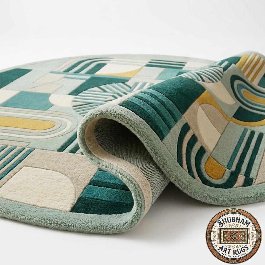 Hand Tufted Wool Rug, Modern Geometric Abstract Carpet, Green Cream Mustard, Custom Size
