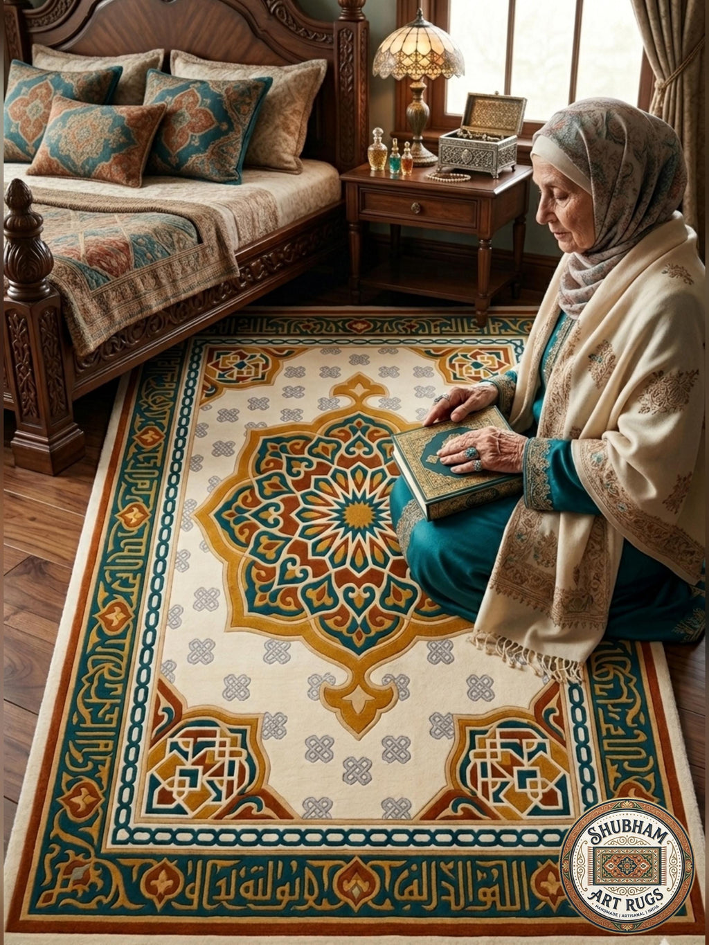 Hand Tufted Wool Rug, Islamic Moroccan Area Carpet, Cream Teal Gold Home Decor