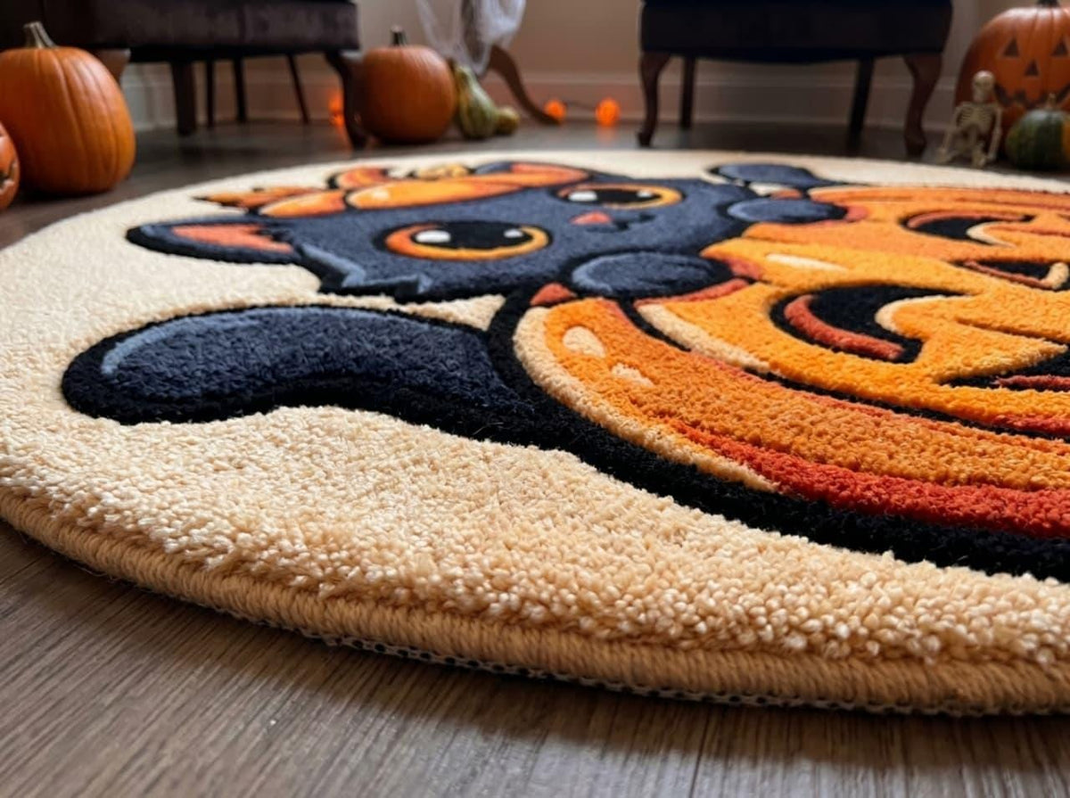 Hand Tufted Halloween Cat Pumpkin Rug, New Zealand Wool Autumn Decor