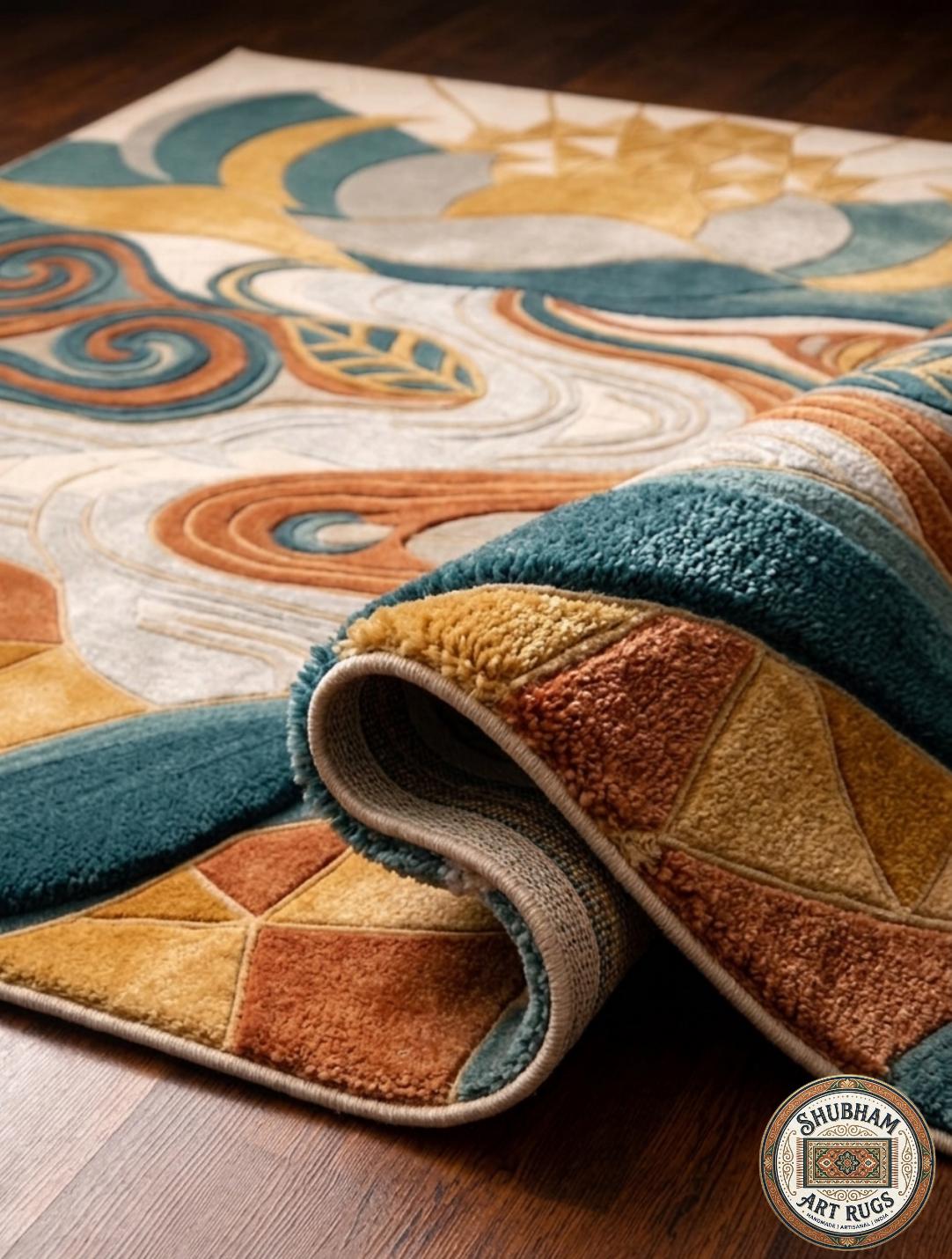 Hand Tufted Wool Rug, Abstract Geometric Mid Century Carpet, Boho Living Room Floor Decor