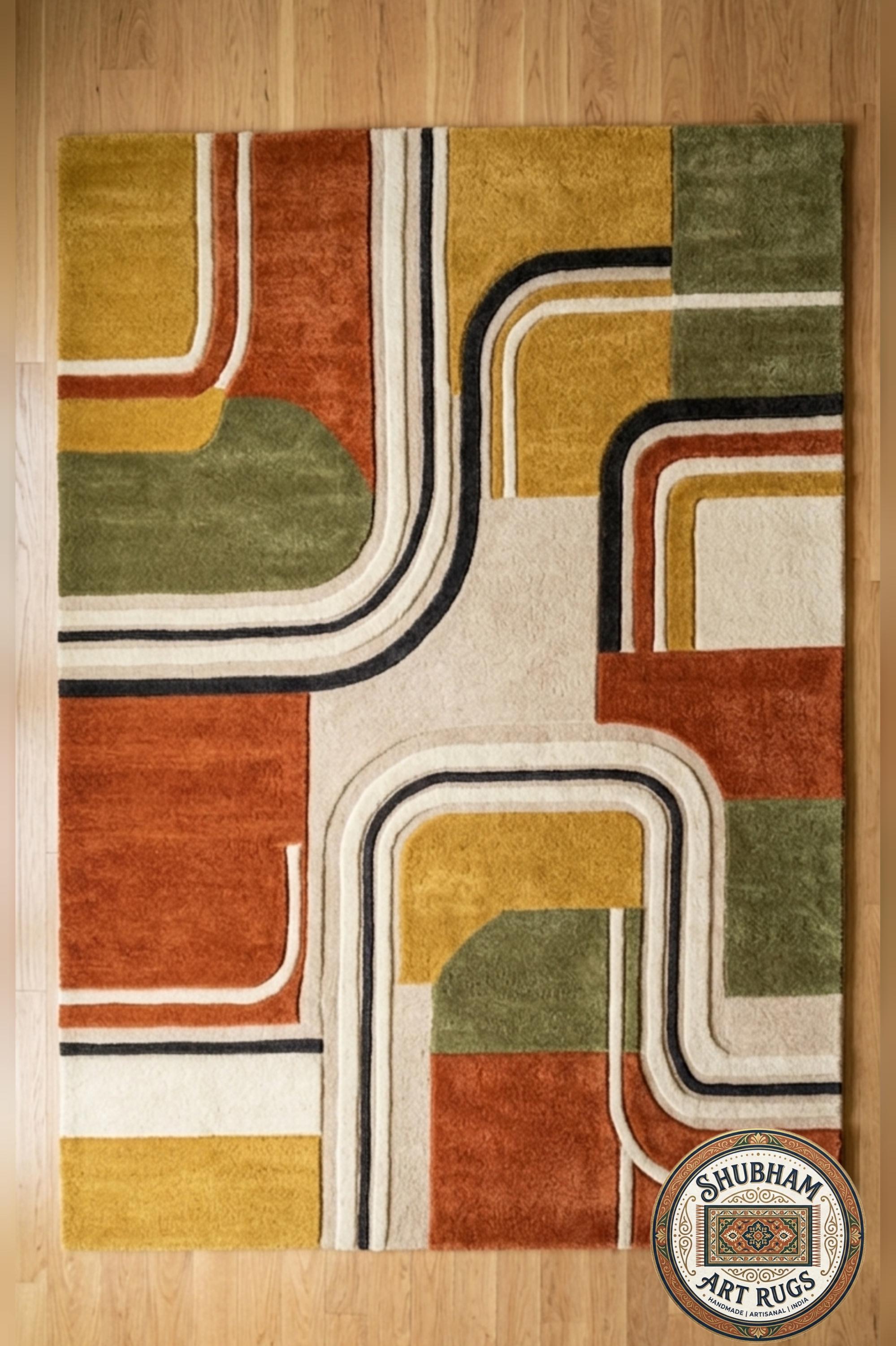 Hand Tufted Wool Rug, Modern Geometric Abstract Carpet, Retro Area Rug, Living Room Bedroom