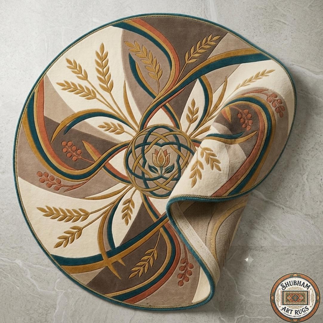 Hand Tufted Wool Round Rug, Floral Abstract Art Deco, Beige Green Gold Living Room