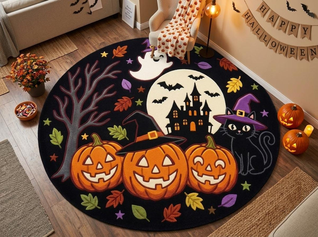 Halloween Pumpkin Ghost Rug, Hand Tufted New Zealand Wool Area Rug, Witchy Haunted House Decor, Spooky Fall Home Accent for Seasonal Style