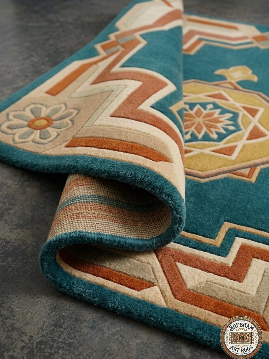 Teal Persian Medallion Wool Rug – Hand Tufted Geometric Living Room Carpet