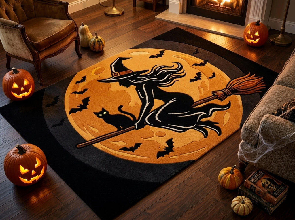 Hand Tufted Halloween Witch Rug, New Zealand Wool Area Rug, Black Orange Fall Decor, Cozy Gothic Home Bedroom Living Room Carpet Accent