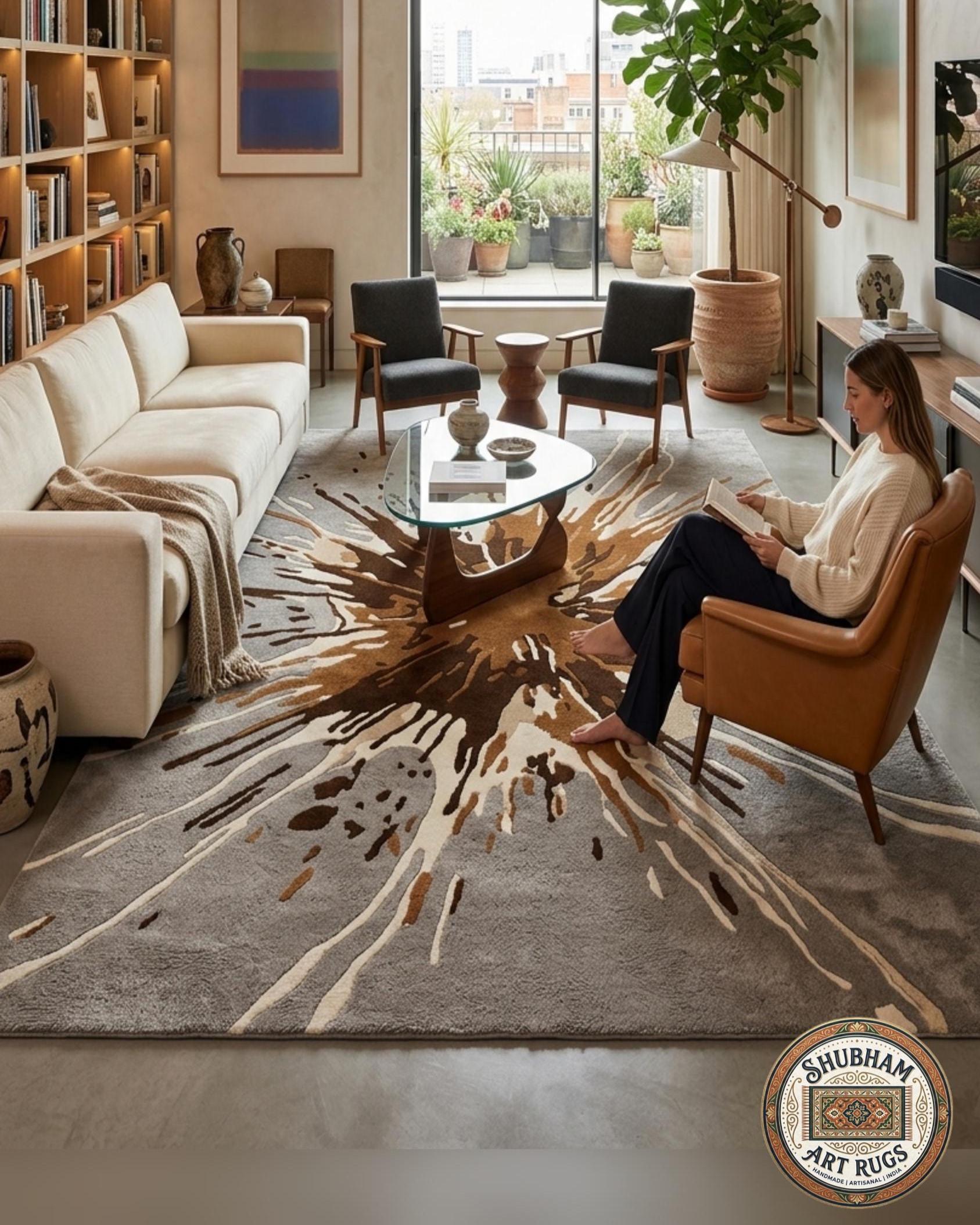 Hand Tufted Wool Splash Rug, Modern Abstract Grey Brown Area Carpet
