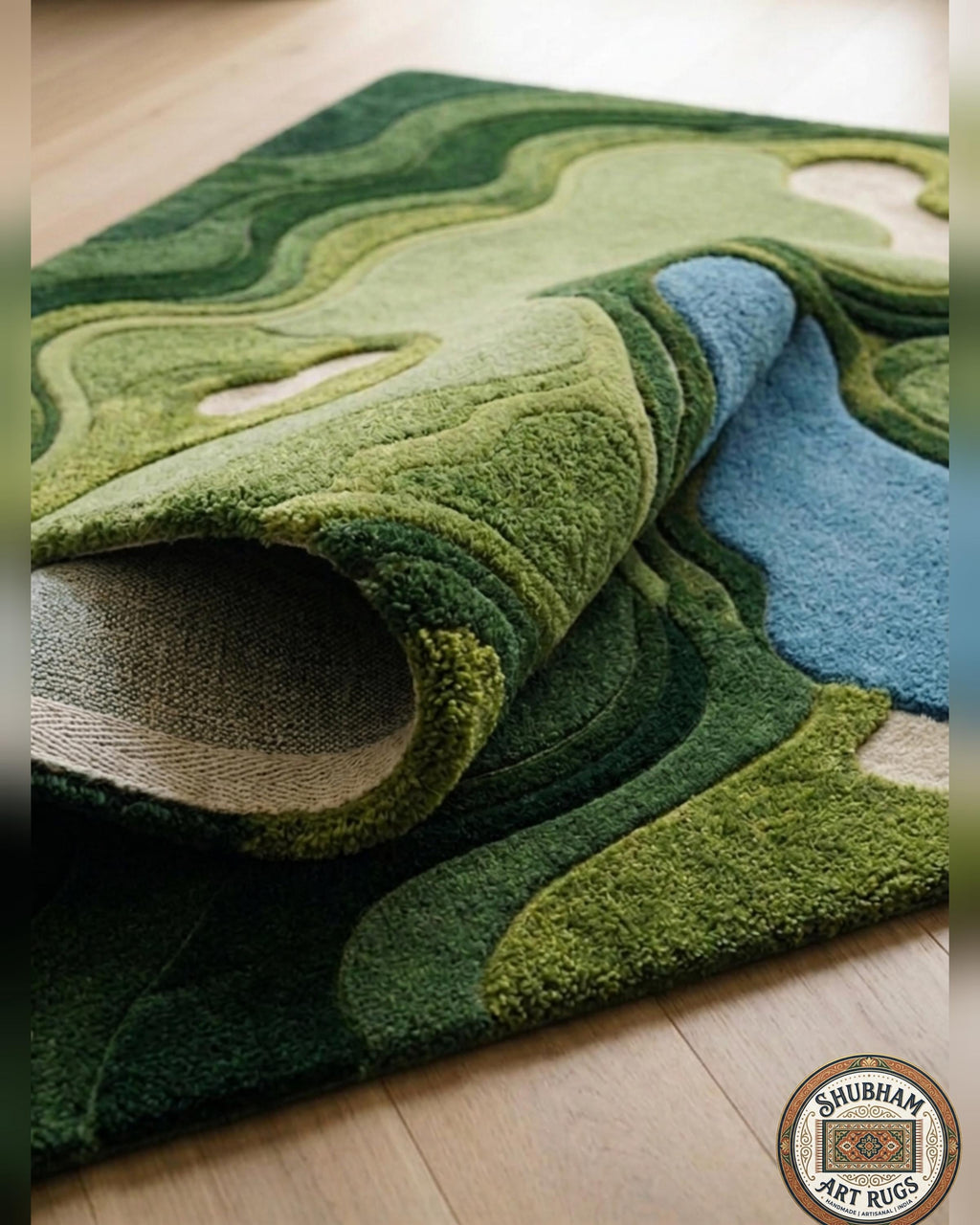 Hand Tufted Wool Golf Course Rug, Abstract Green Area Carpet, Modern Living Room Decor
