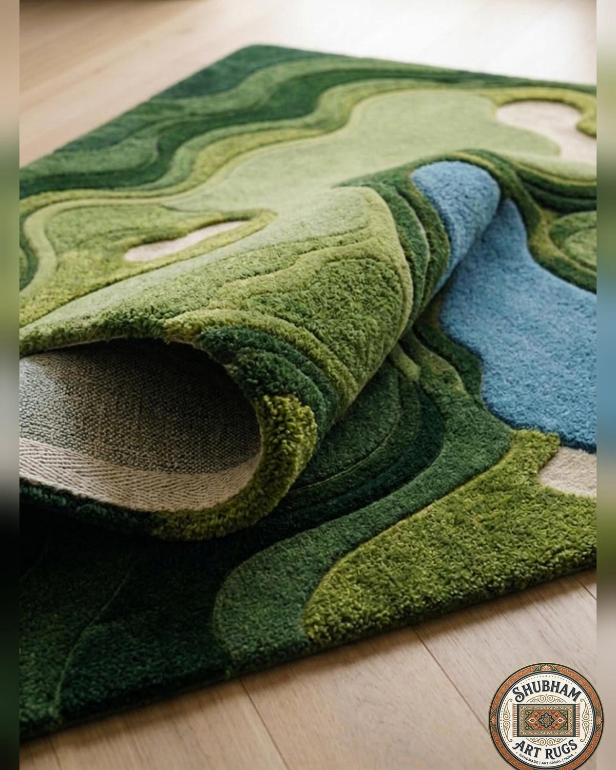 Hand Tufted Wool Golf Course Rug, Abstract Green Area Carpet, Modern Living Room Decor