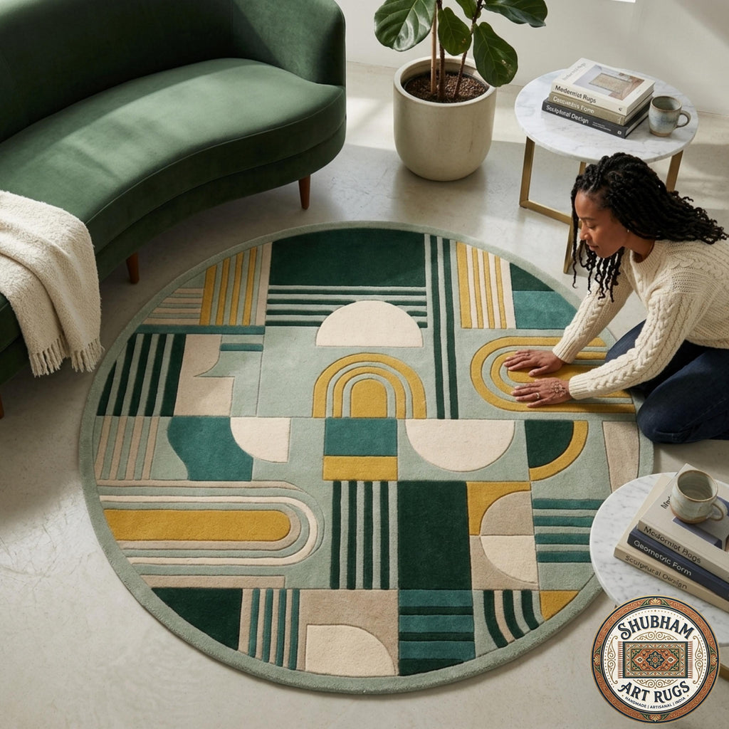 Hand Tufted Wool Rug, Geometric Art Deco Abstract Carpet, New Zealand Blend