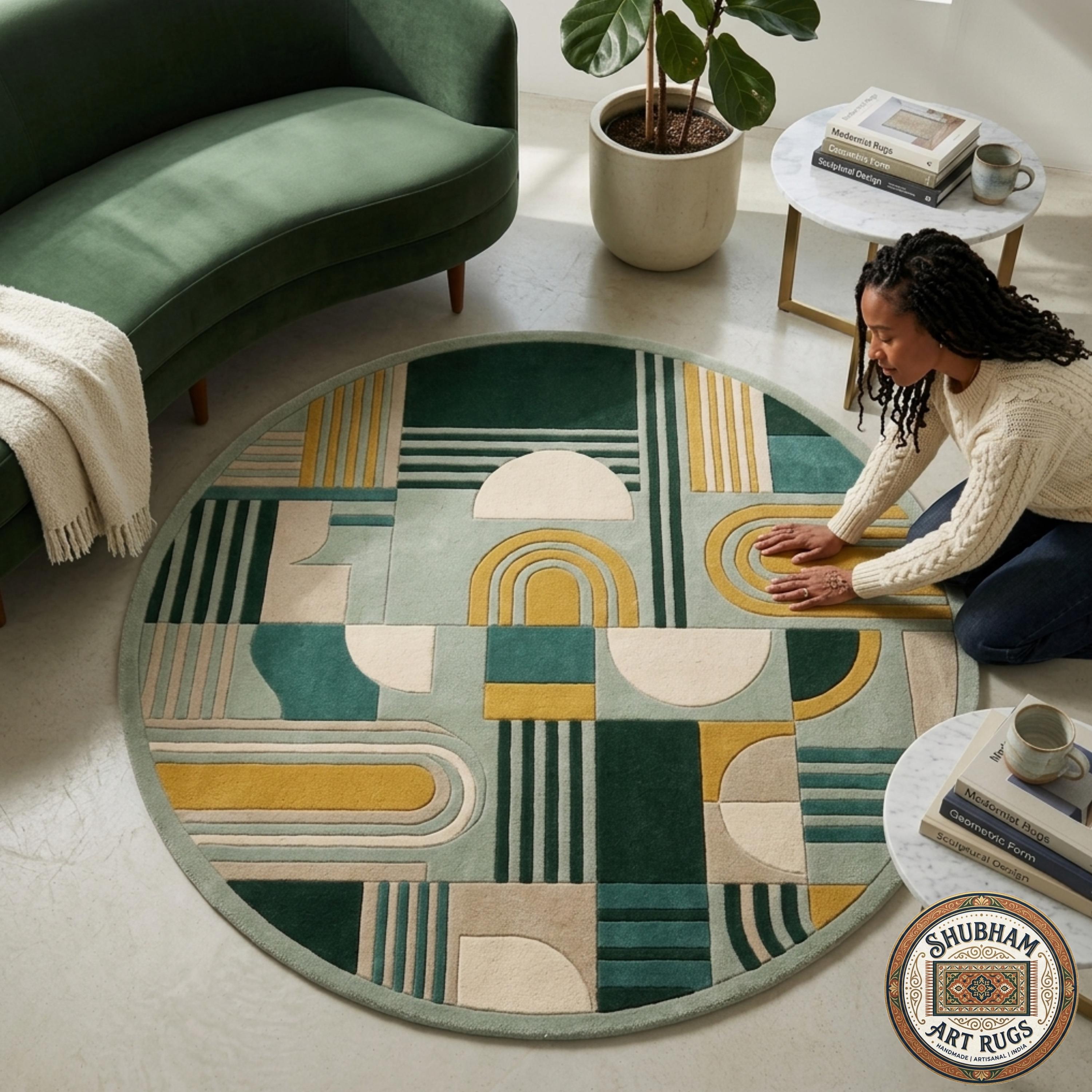 Hand Tufted Wool Rug, Geometric Art Deco Abstract Carpet, New Zealand Blend