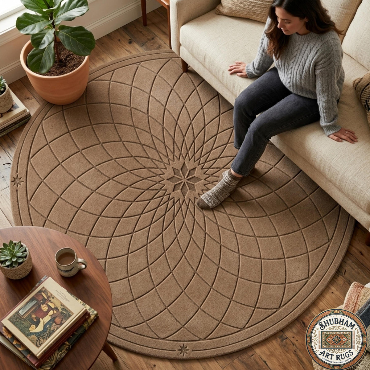Hand Tufted Wool Round Rug, Modern Geometric Mandala Carpet, Organic Luxury Decor