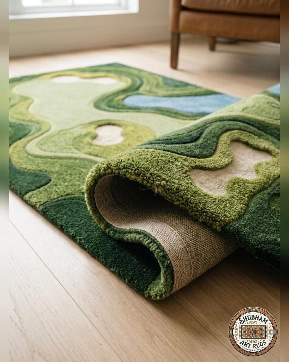 Hand Tufted Wool Golf Course Rug, Abstract Green Area Carpet, Modern Living Room Decor