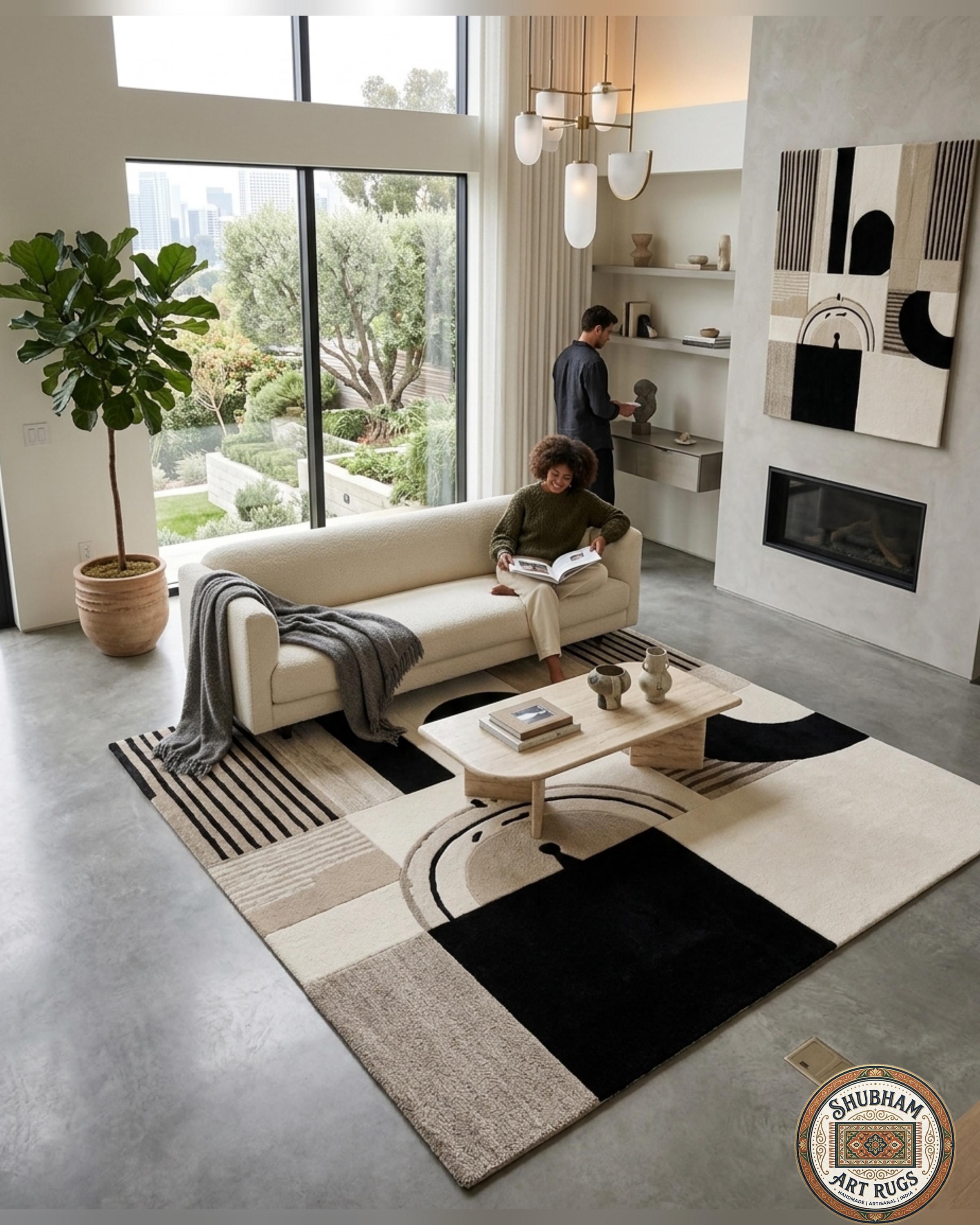 Hand Tufted Wool Rug, Modern Abstract Beige Black Carpet, Custom Area Living Room
