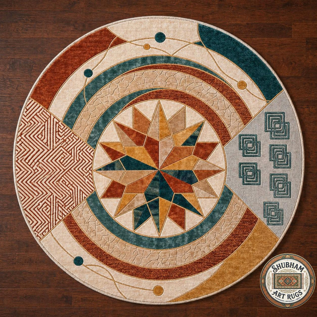 Hand Tufted Wool Rug, Geometric Compass Design, Modern Boho Living Room Carpet