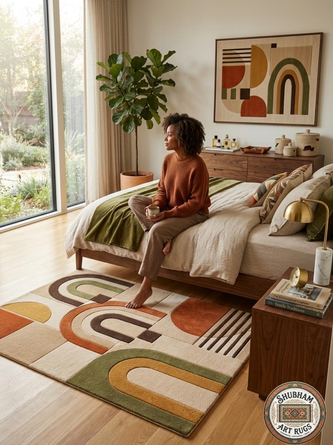 Hand Tufted Wool Rug, Retro Arch Geometric, Mid Century Modern Abstract Carpet