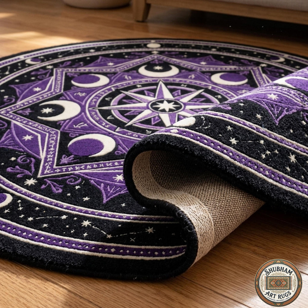 Hand Tufted Wool Celestial Rug, Purple Moon Star Carpet, Gothic Astrology Round Area Rug
