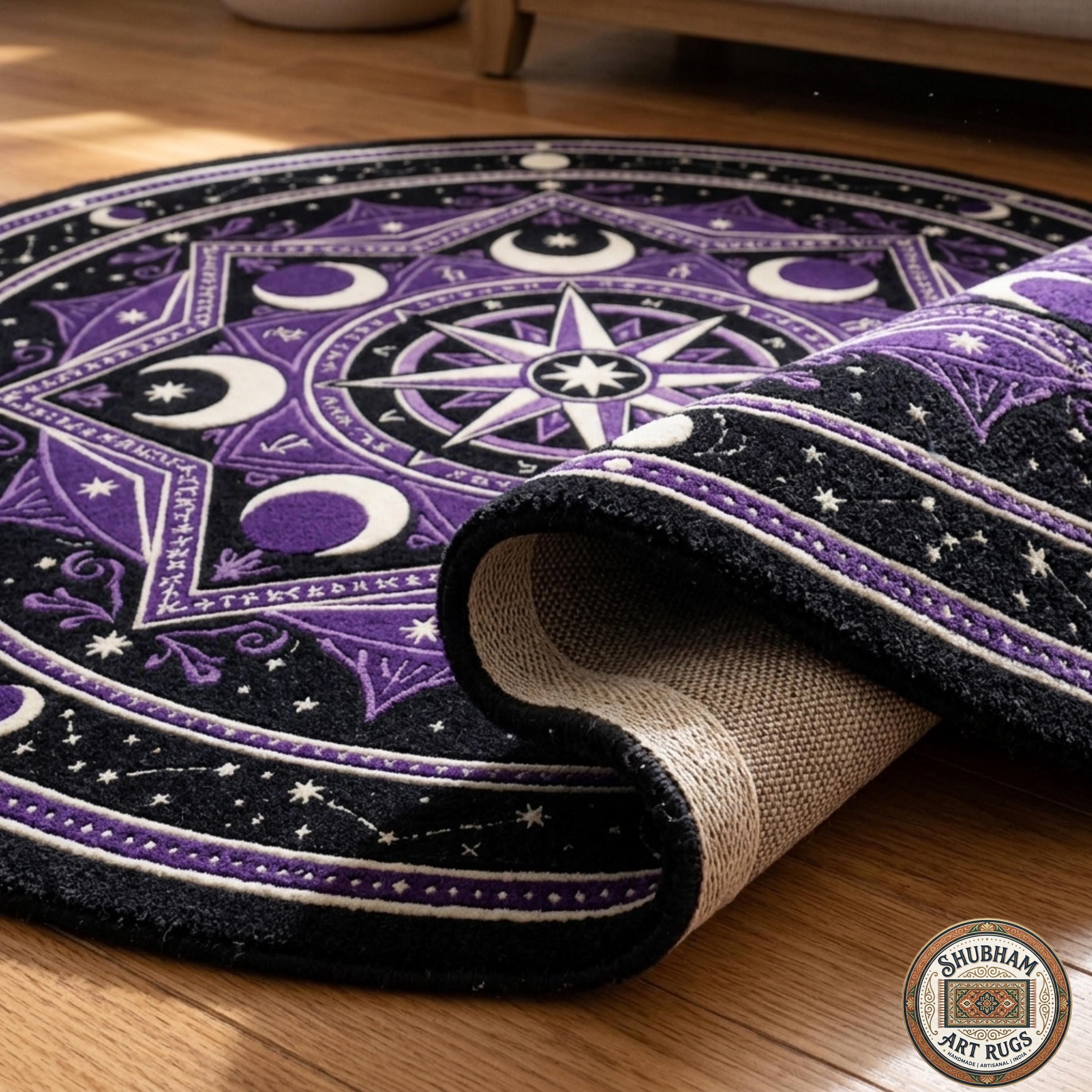 Hand Tufted Wool Celestial Rug, Purple Moon Star Carpet, Gothic Astrology Round Area Rug
