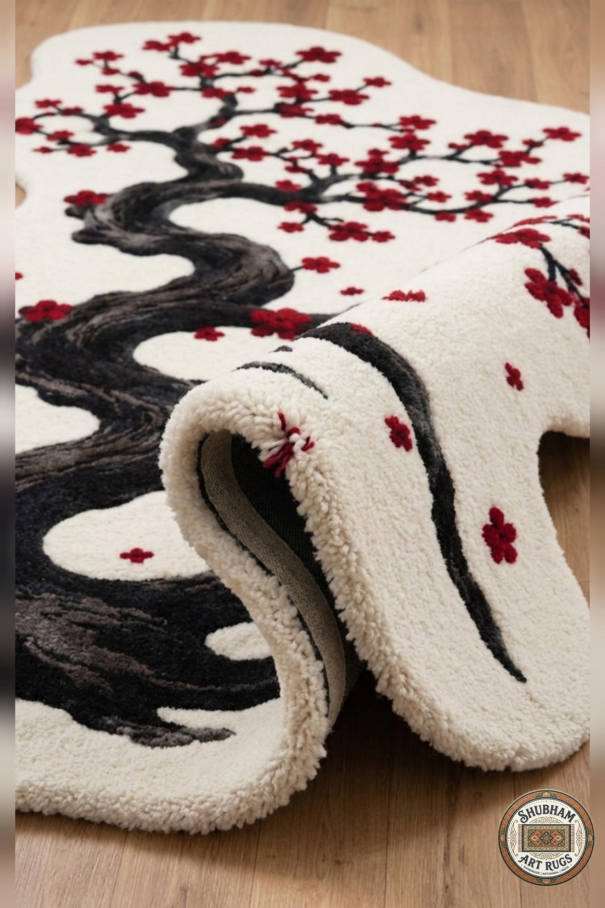 Hand Tufted Wool Rug, Cherry Blossom Tree, Organic Shape, Japanese Floral Carpet