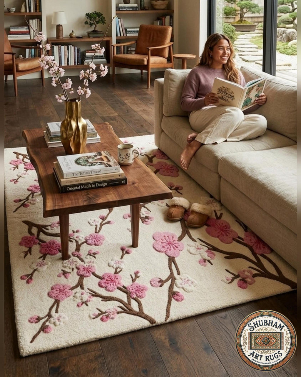 Hand Tufted Wool Cherry Blossom Rug, New Zealand Wool Botanical Carpet