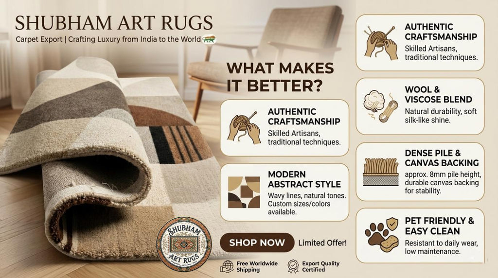 Hand Tufted Wool Rug, Neutral Geometric Abstract Carpet, Beige Brown Minimalist Indian Rug